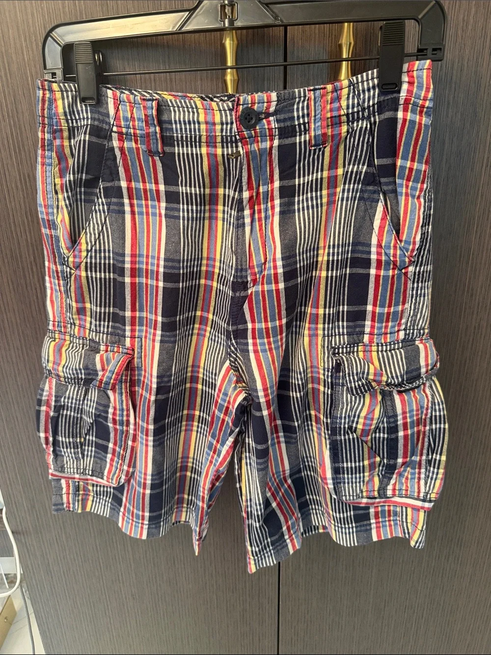 Tommy Hilfiger Navy Plaid Cargo Shorts with Red & Yellow Stripes